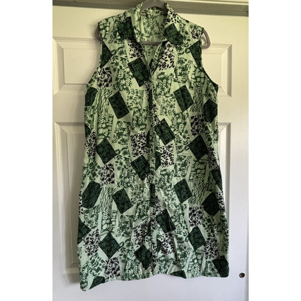 Vintage Handmade Robe Sleeveless House Coat Snaps Green Leaves L/XL 60s 70s